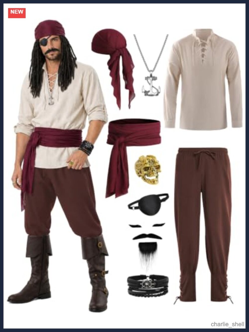 Men's 9 Piece Pirate Costume Viking Medieval Renaissance Outfit Halloween